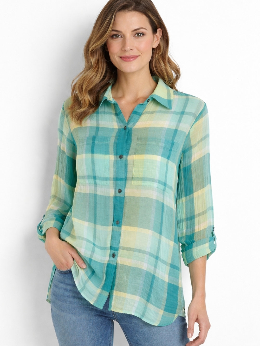 Westbound Top Shirt Long Sleeve Sheer Gauzy Plaid Green Blue Lightweight Cotton